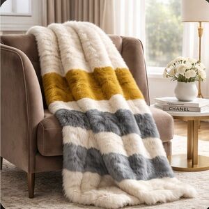 UGG Throw Faux Fur in White, Mustard, and Gray